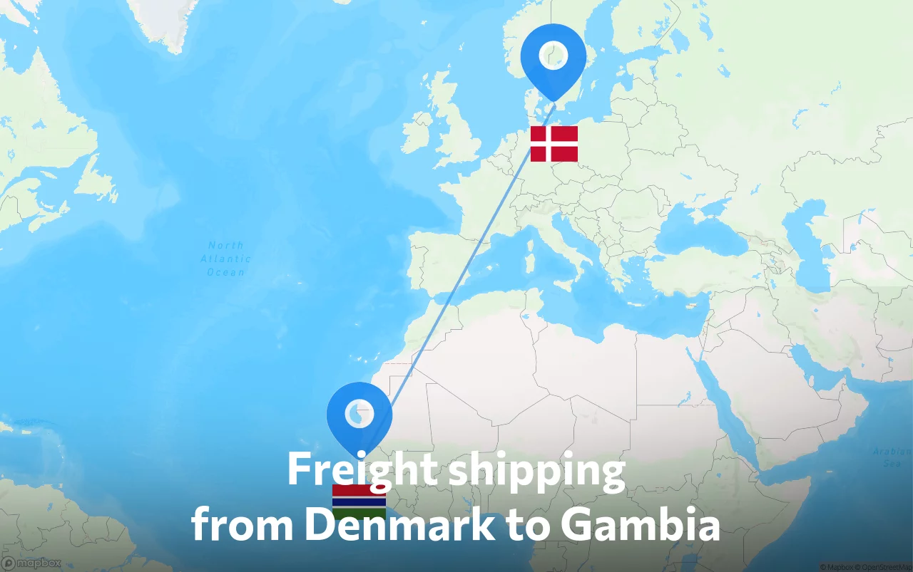 Shipping route from Denmark to Gambia