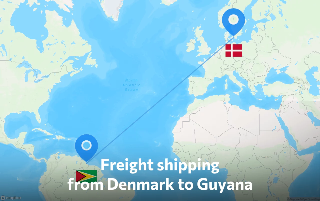 Shipping route from Denmark to Guyana