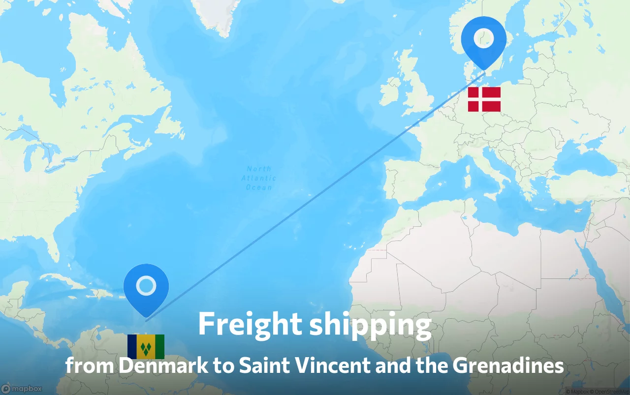 Shipping route from Denmark to Saint Vincent and the Grenadines