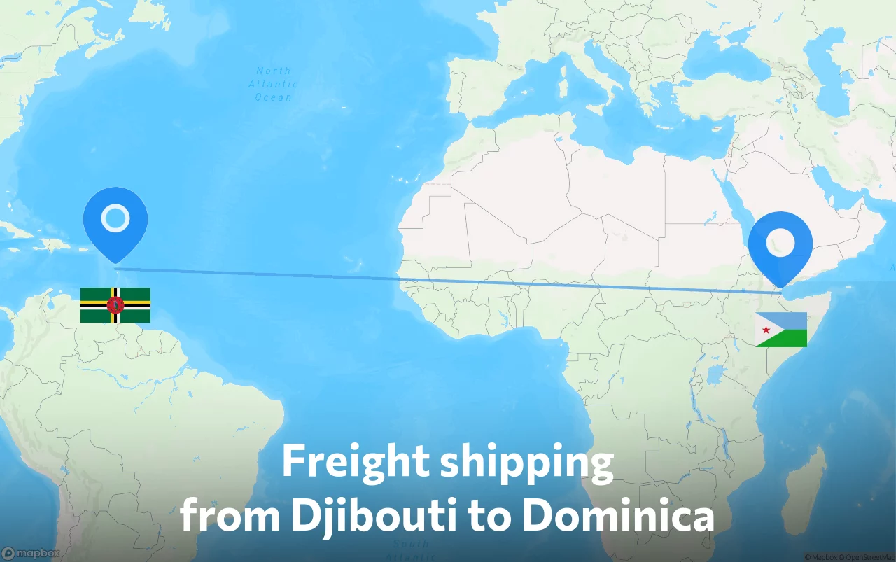 Shipping route from Djibouti to Dominica
