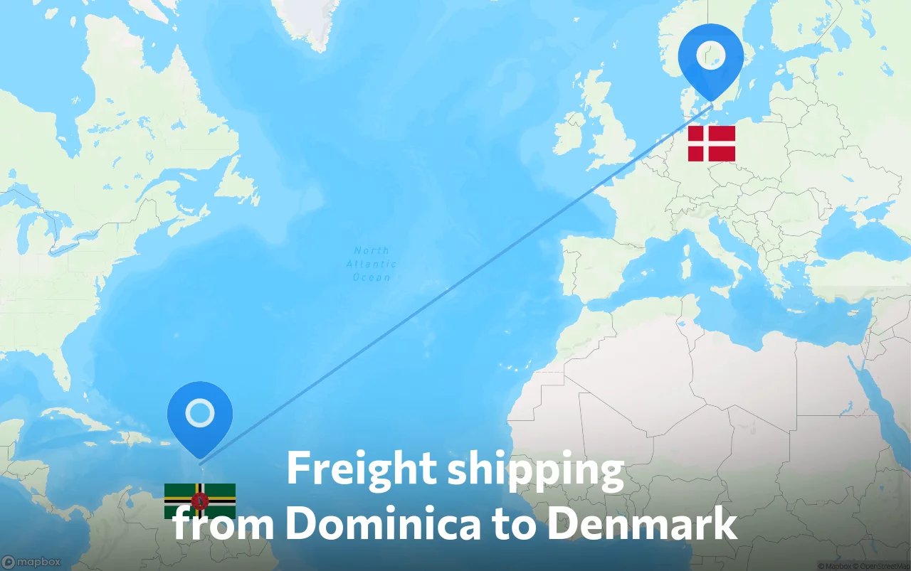 Shipping route from Dominica to Denmark
