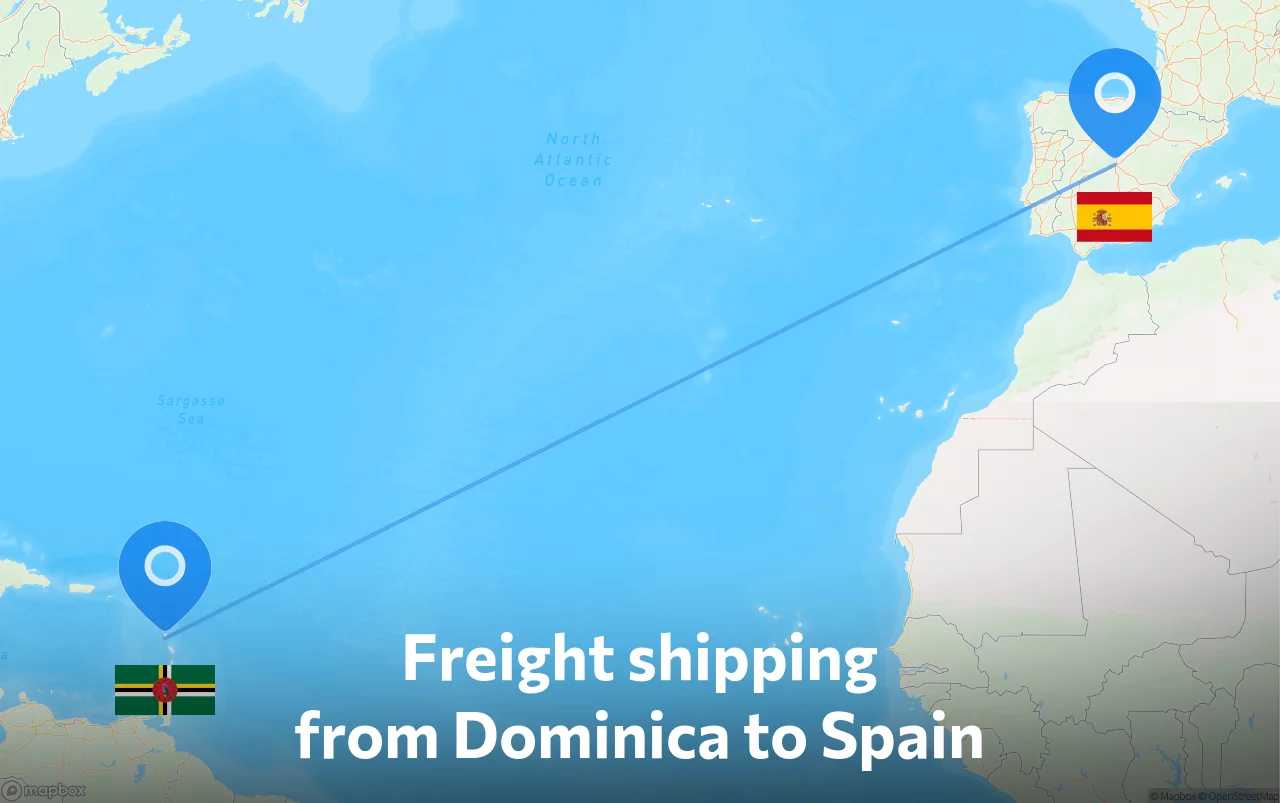 Shipping route from Dominica to Spain