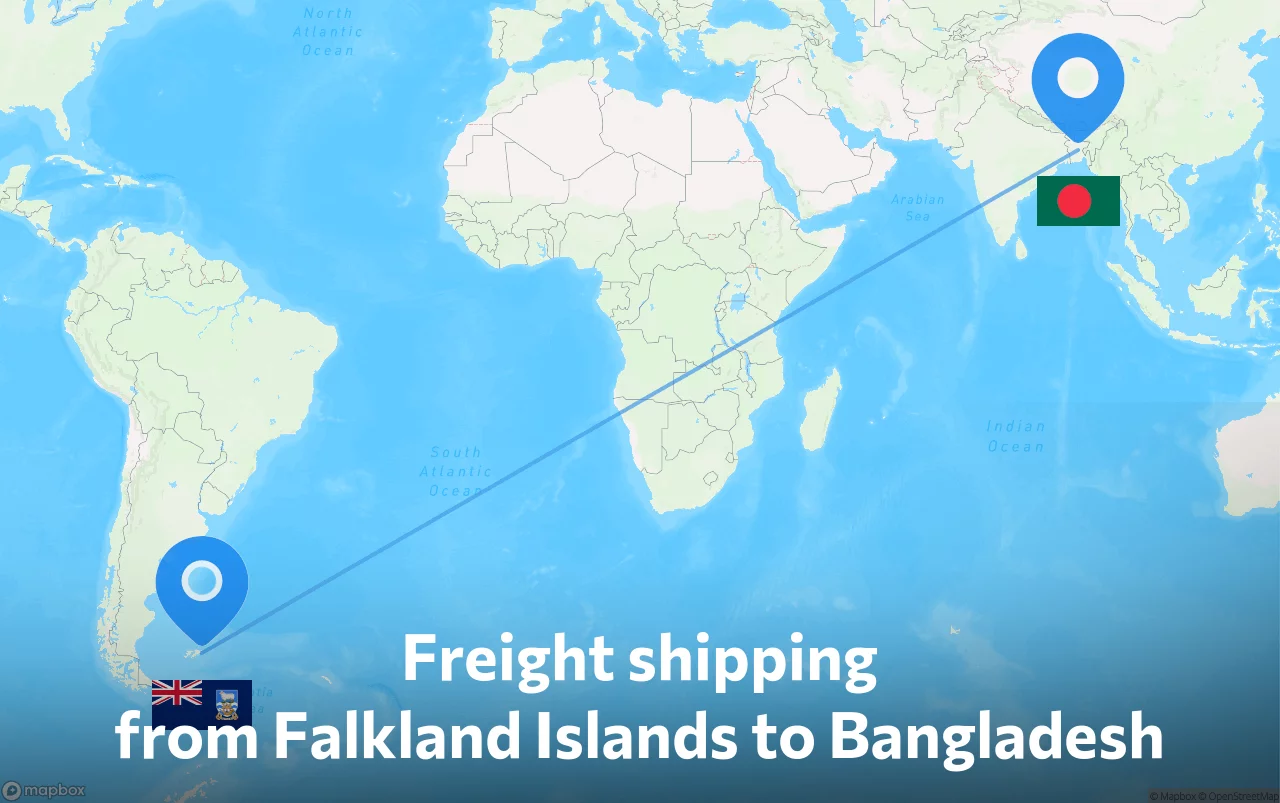 Shipping route from Falkland Islands to Bangladesh