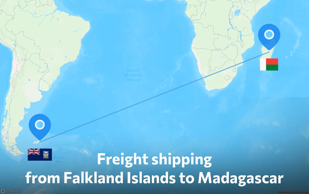 Shipping route from Falkland Islands to Madagascar