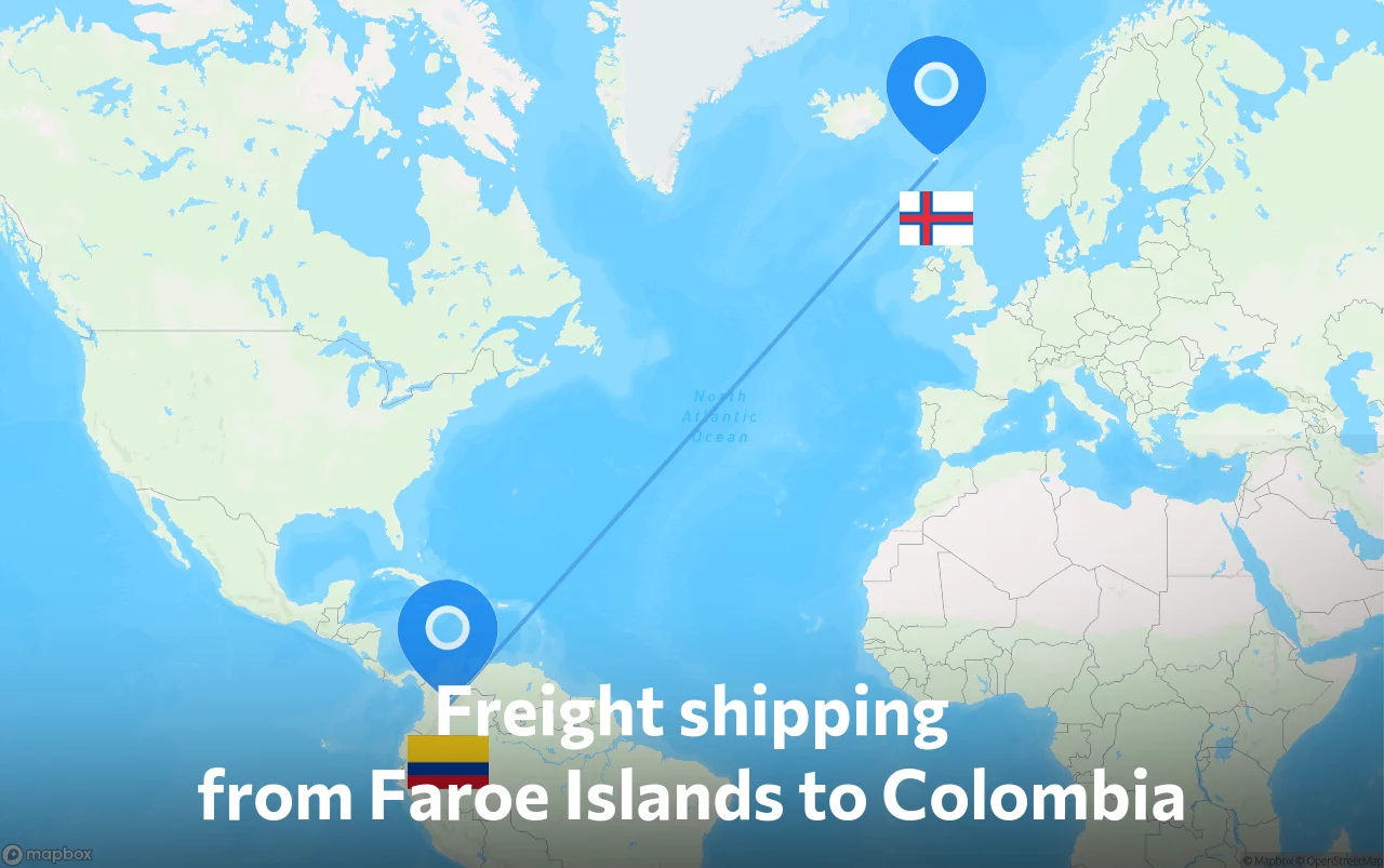 Shipping route from Faroe Islands to Colombia