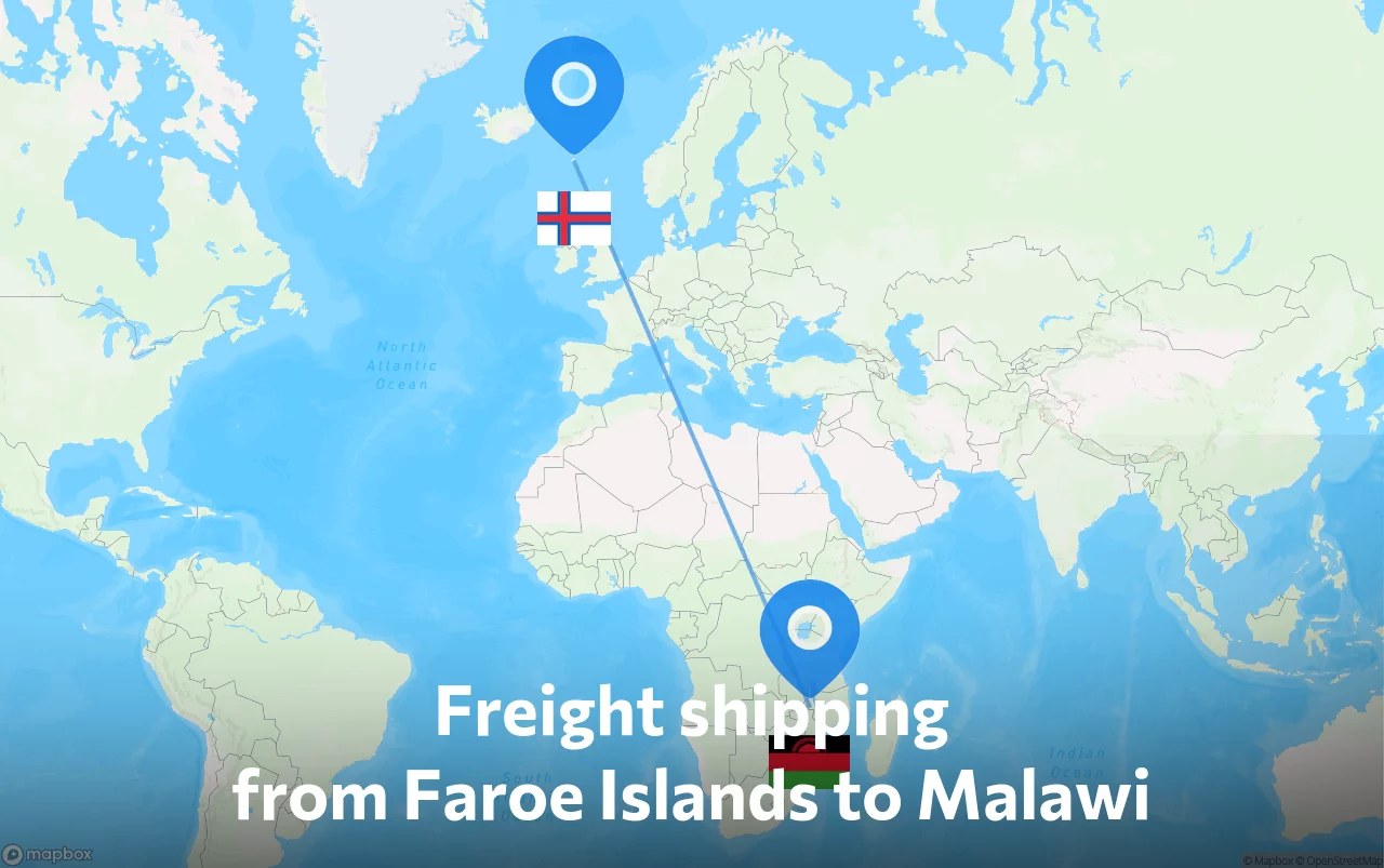Shipping route from Faroe Islands to Malawi