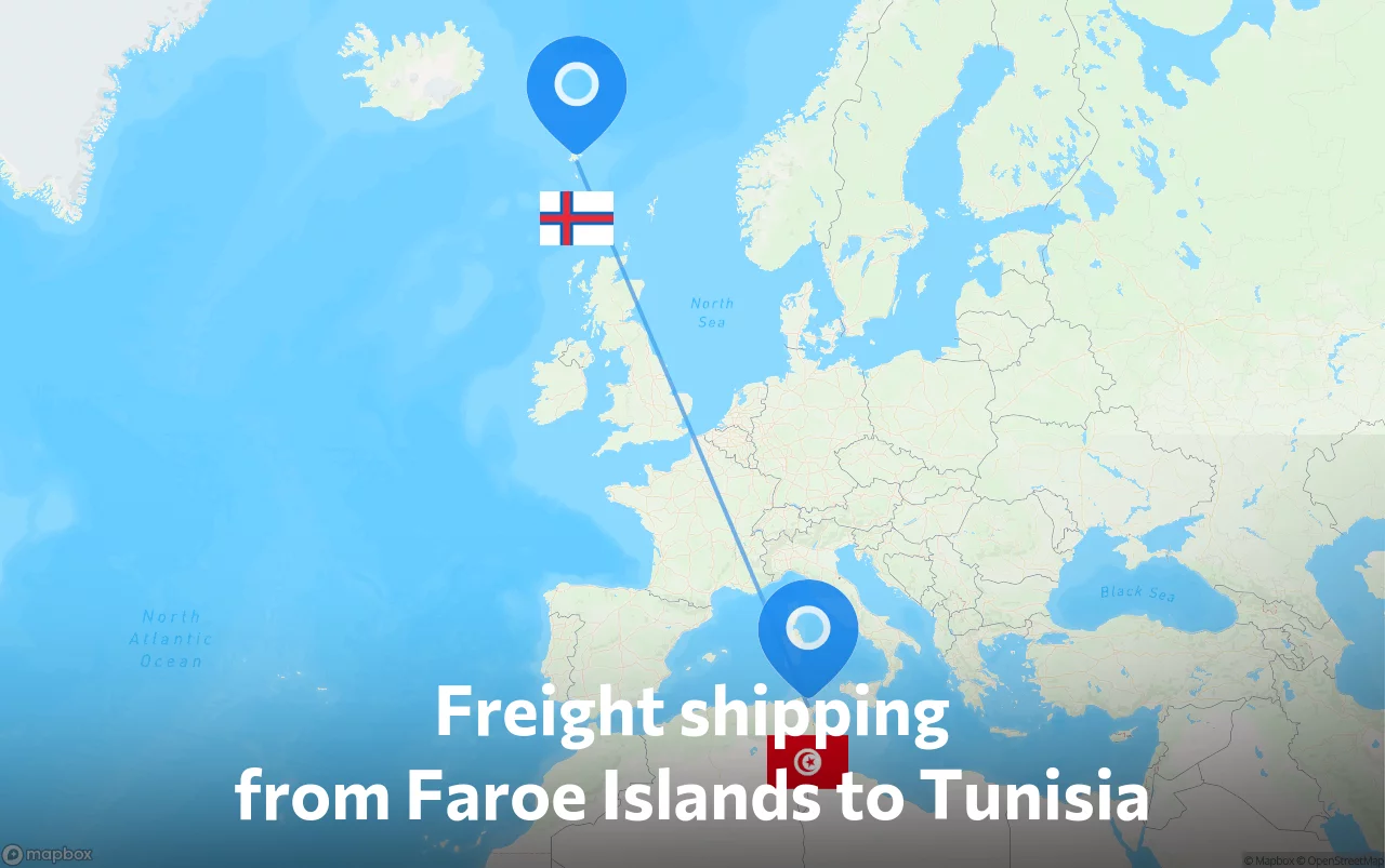 Shipping route from Faroe Islands to Tunisia