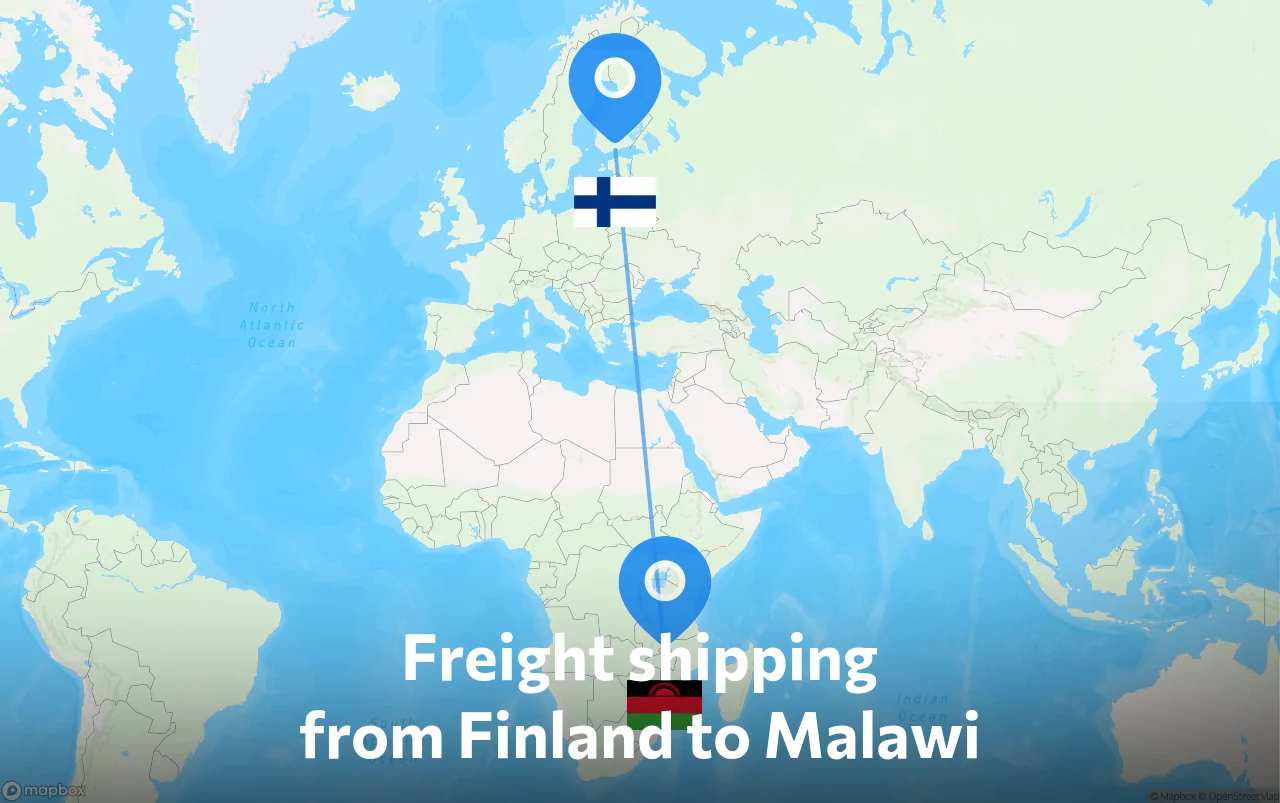 Shipping route from Finland to Malawi