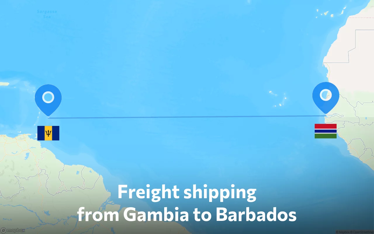Shipping route from Gambia to Barbados