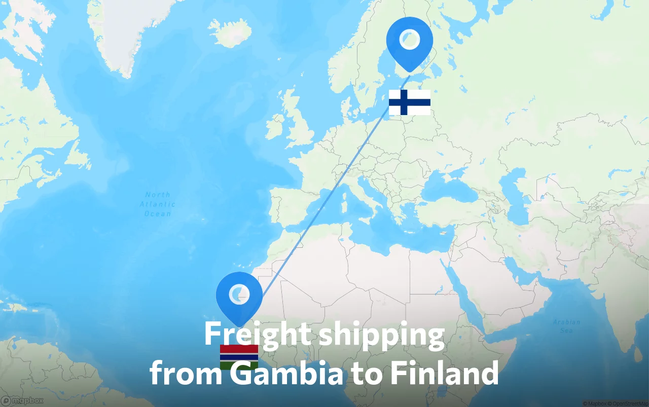 Shipping route from Gambia to Finland