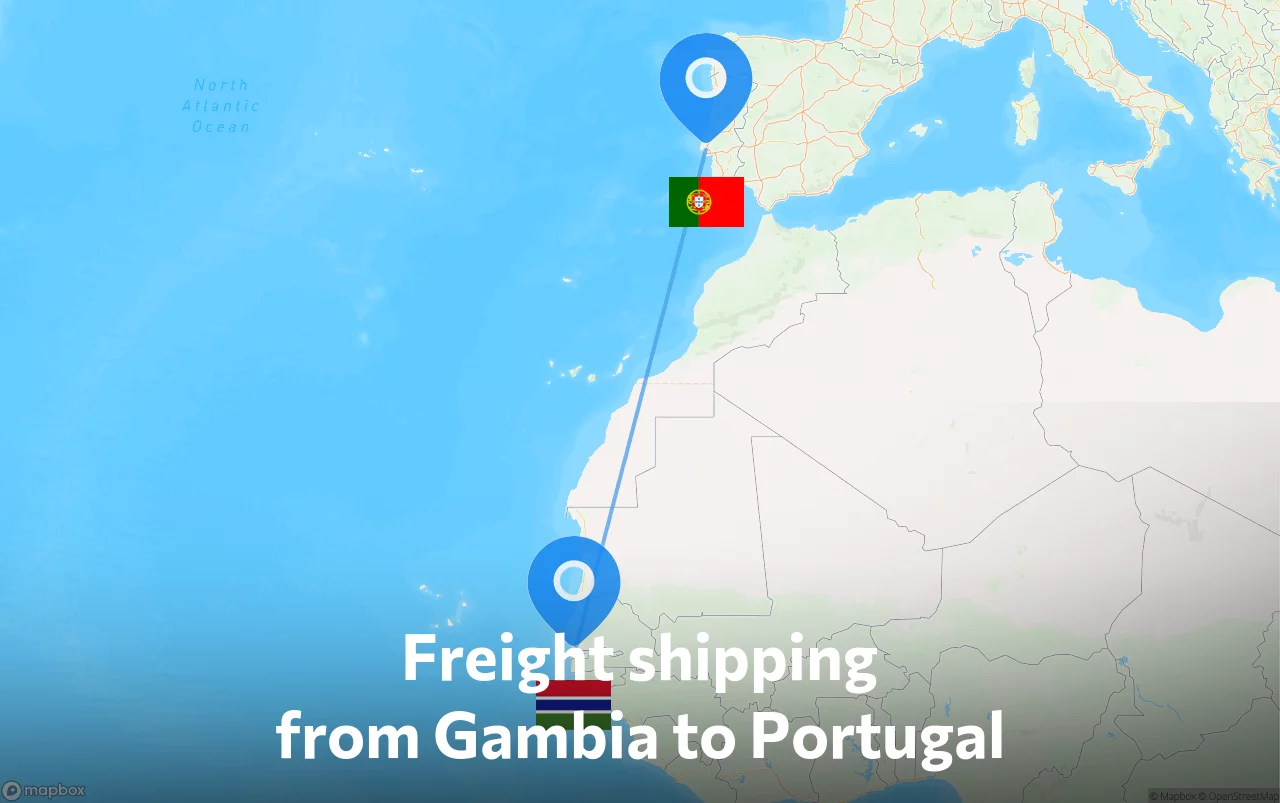 Shipping route from Gambia to Portugal