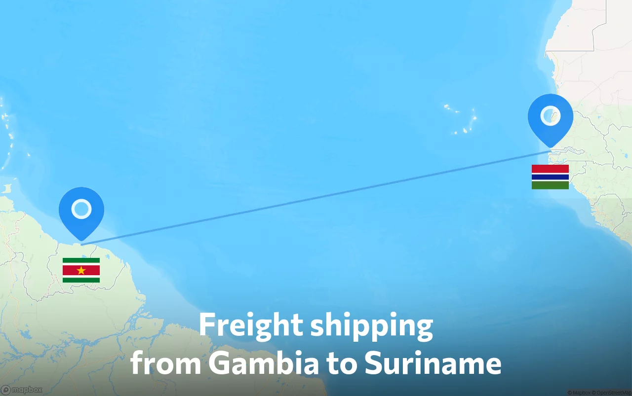 Shipping route from Gambia to Suriname