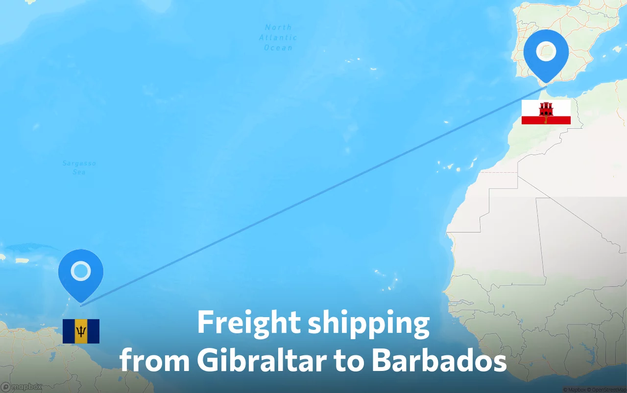 Shipping route from Gibraltar to Barbados