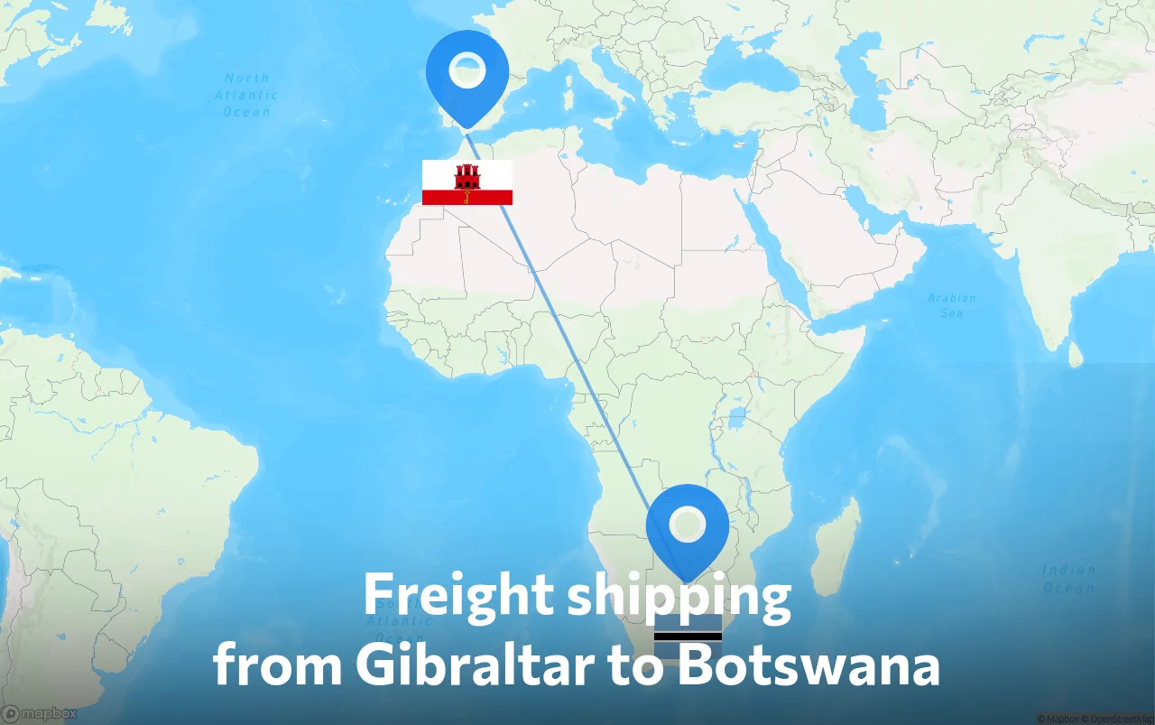 Shipping route from Gibraltar to Botswana