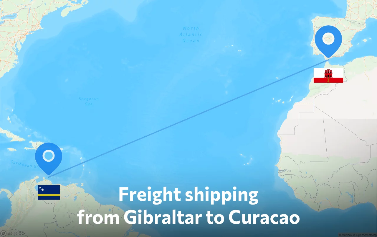 Shipping route from Gibraltar to Curacao