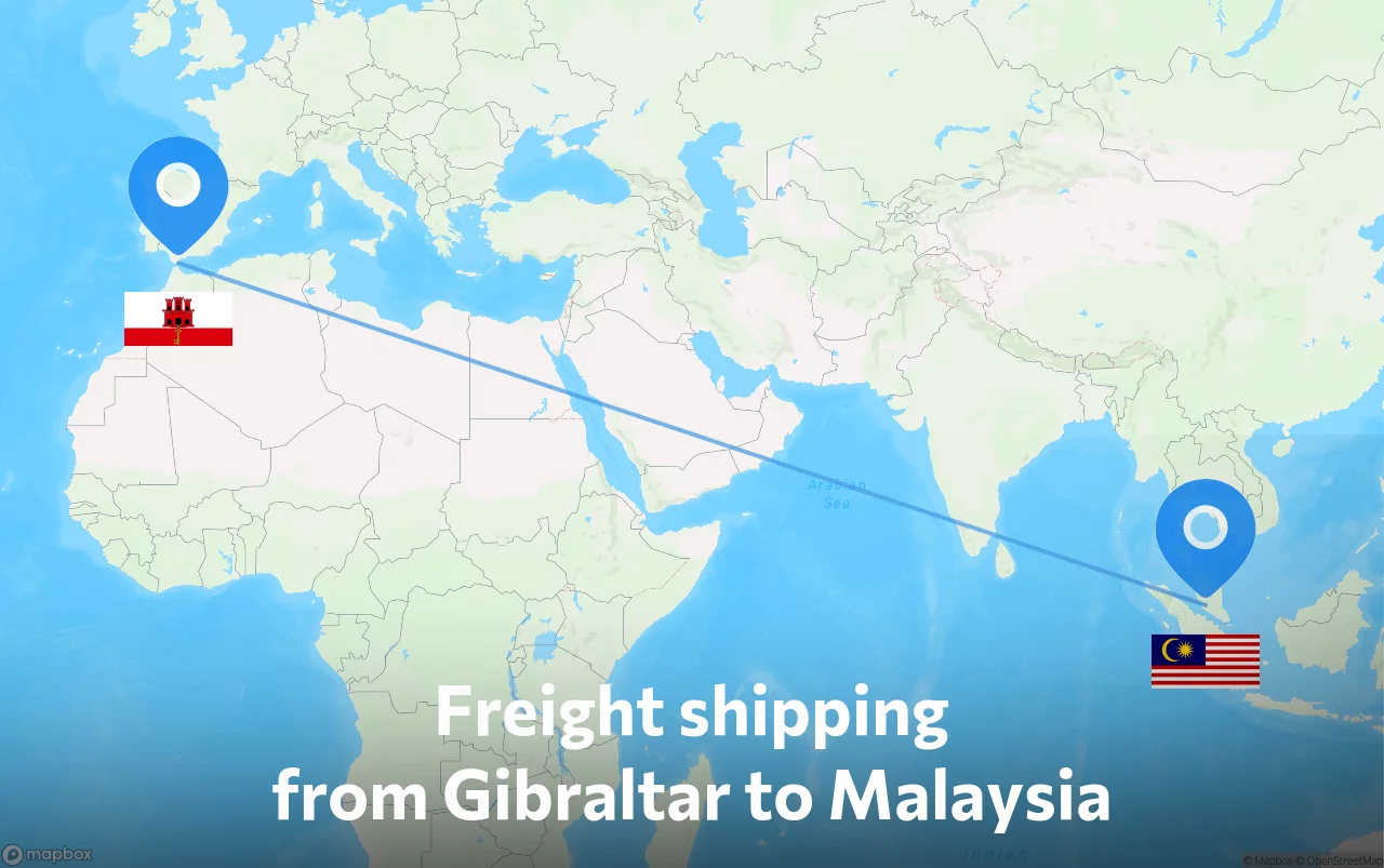 Shipping route from Gibraltar to Malaysia