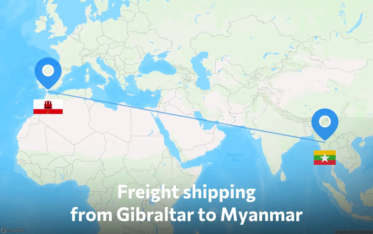 Shipping route from Gibraltar to Myanmar