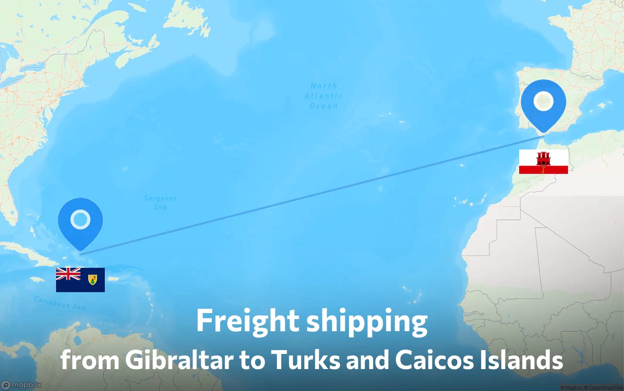 Shipping route from Gibraltar to Turks and Caicos Islands