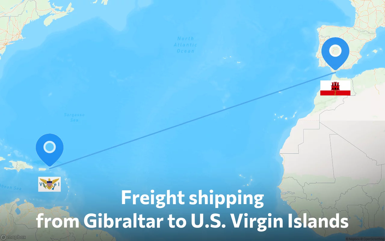 Shipping route from Gibraltar to U.S. Virgin Islands