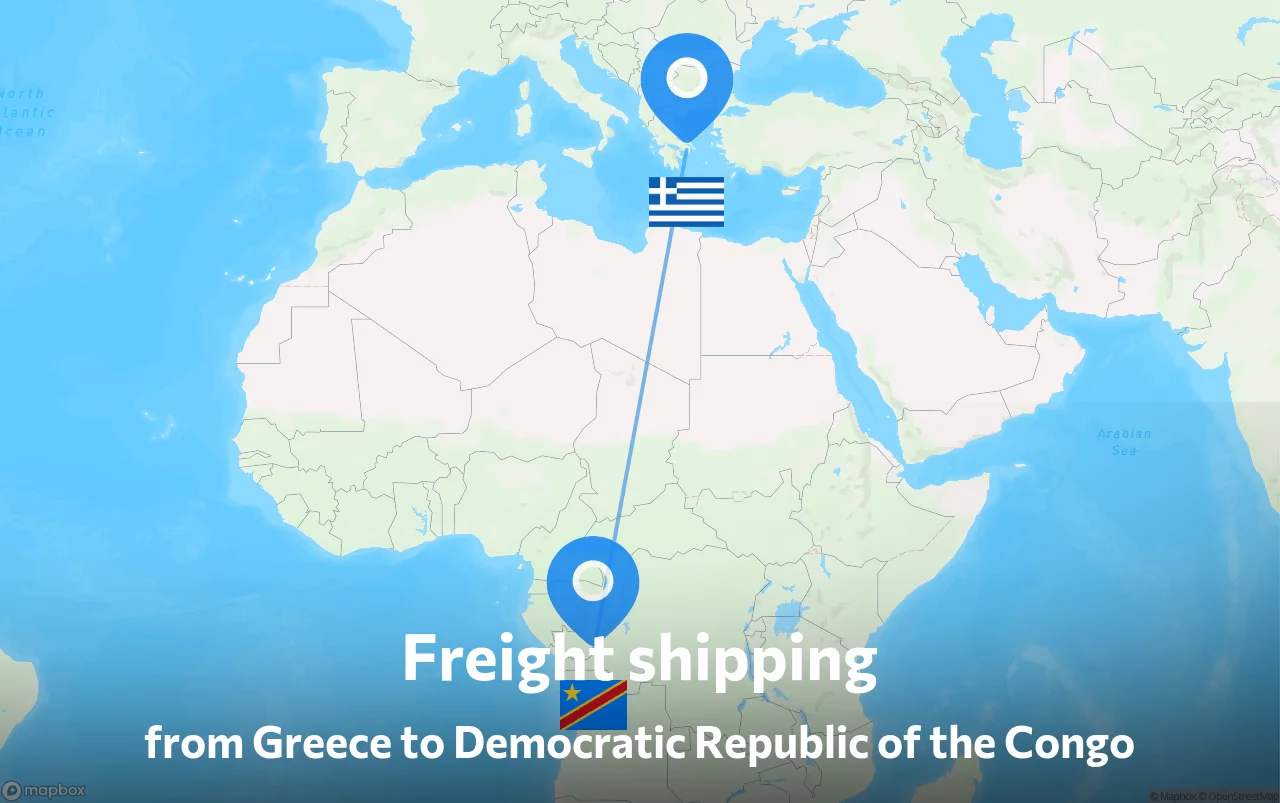 Shipping route from Greece to Democratic Republic of the Congo
