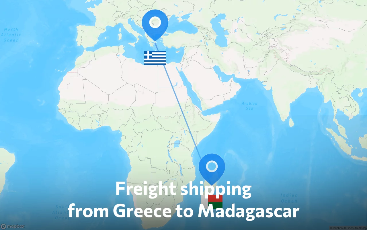 Shipping route from Greece to Madagascar