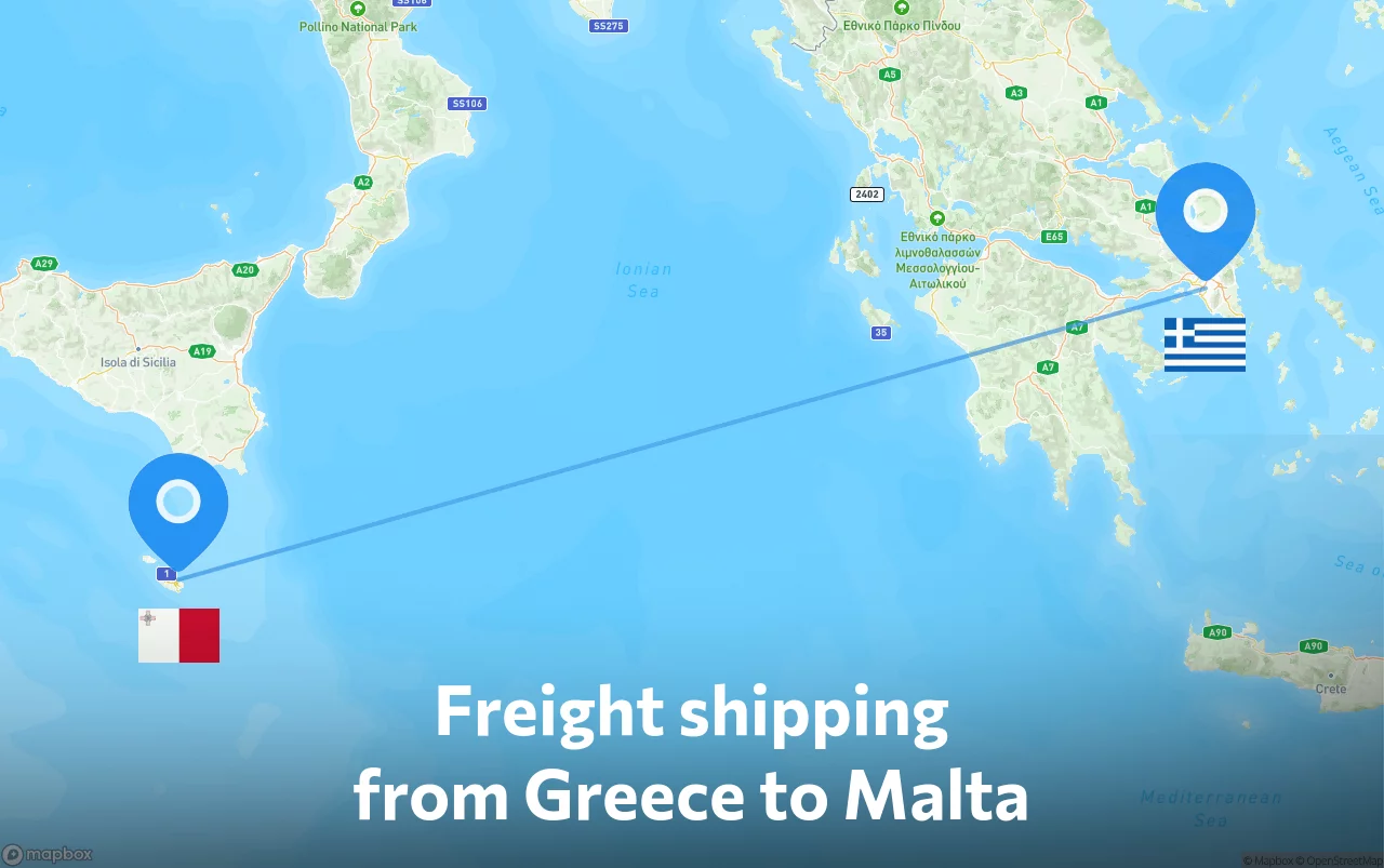 Shipping route from Greece to Malta