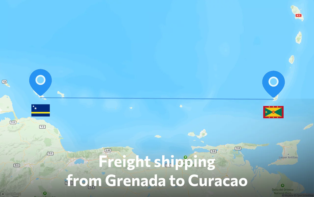 Shipping route from Grenada to Curacao