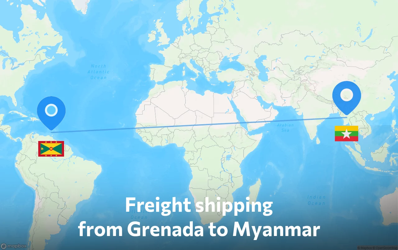 Shipping route from Grenada to Myanmar