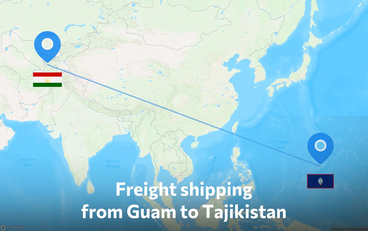 Shipping route from Guam to Tajikistan