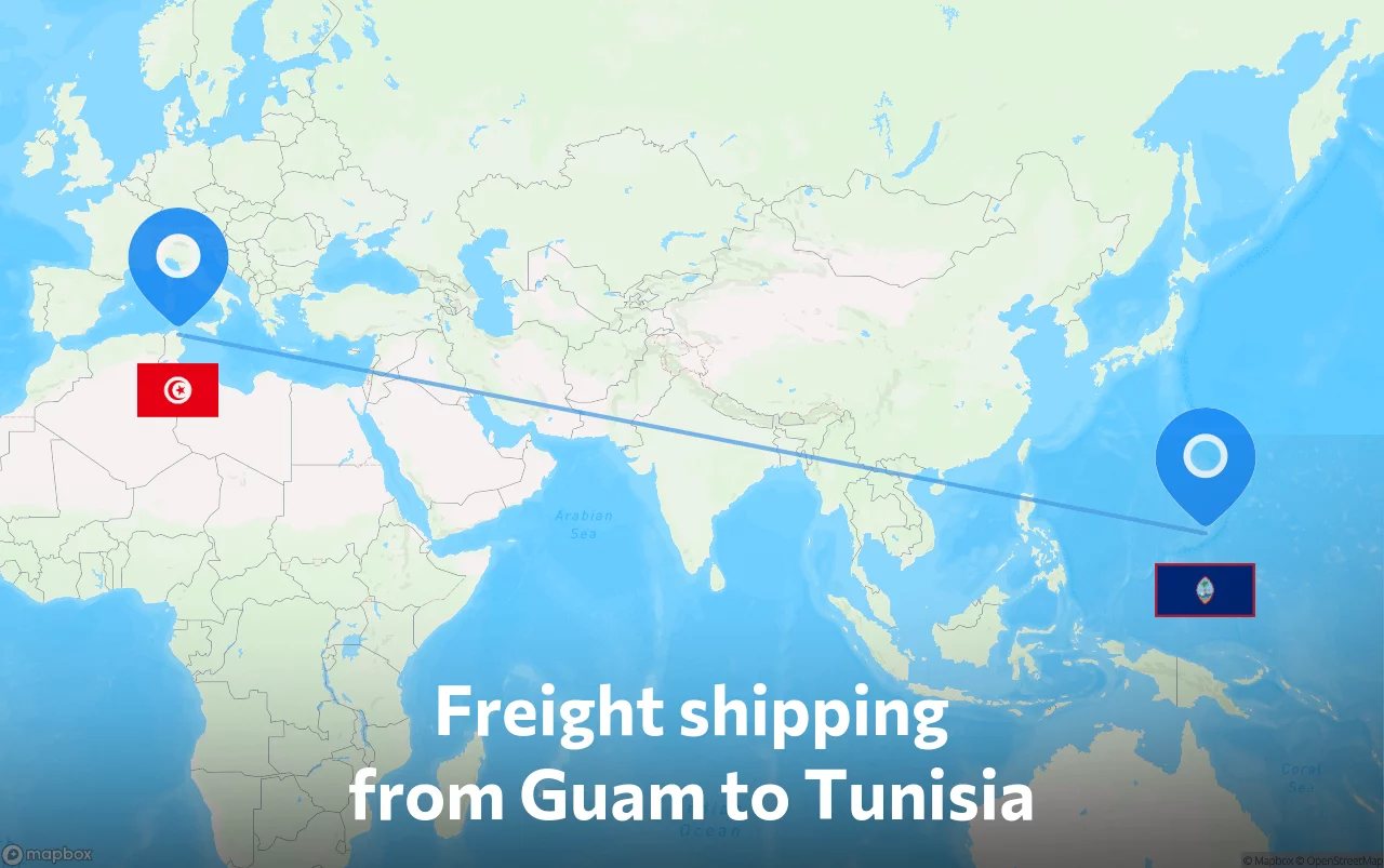 Shipping route from Guam to Tunisia