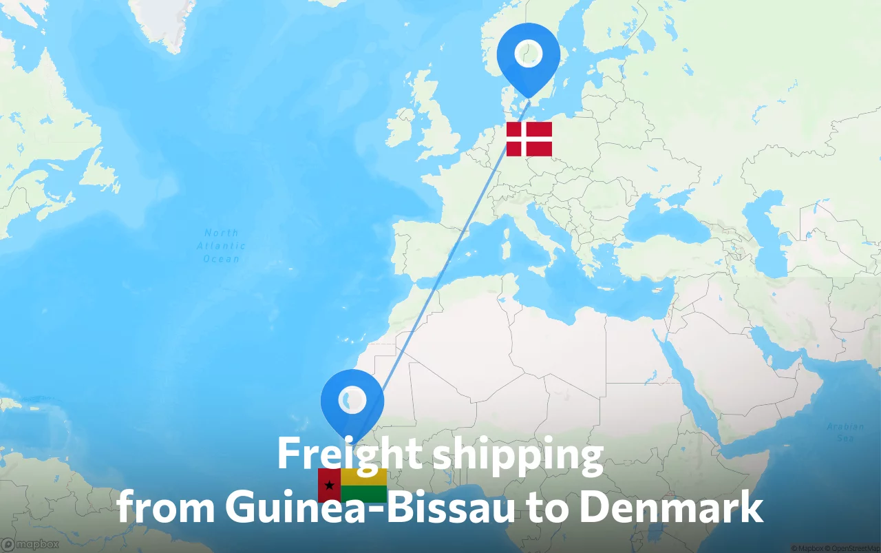 Shipping route from Guinea-Bissau to Denmark