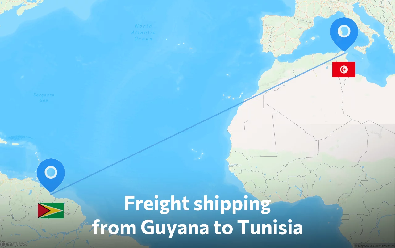 Shipping route from Guyana to Tunisia