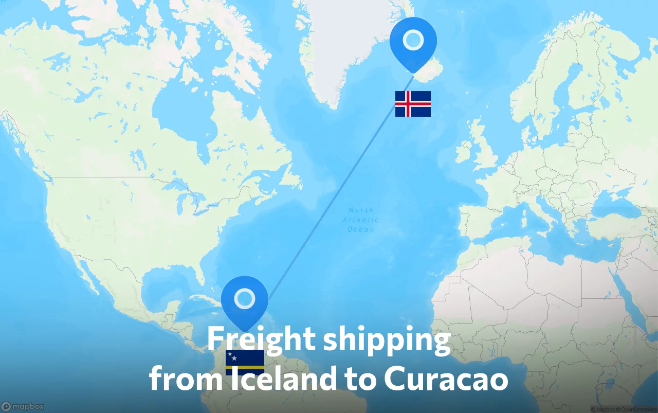 Shipping route from Iceland to Curacao