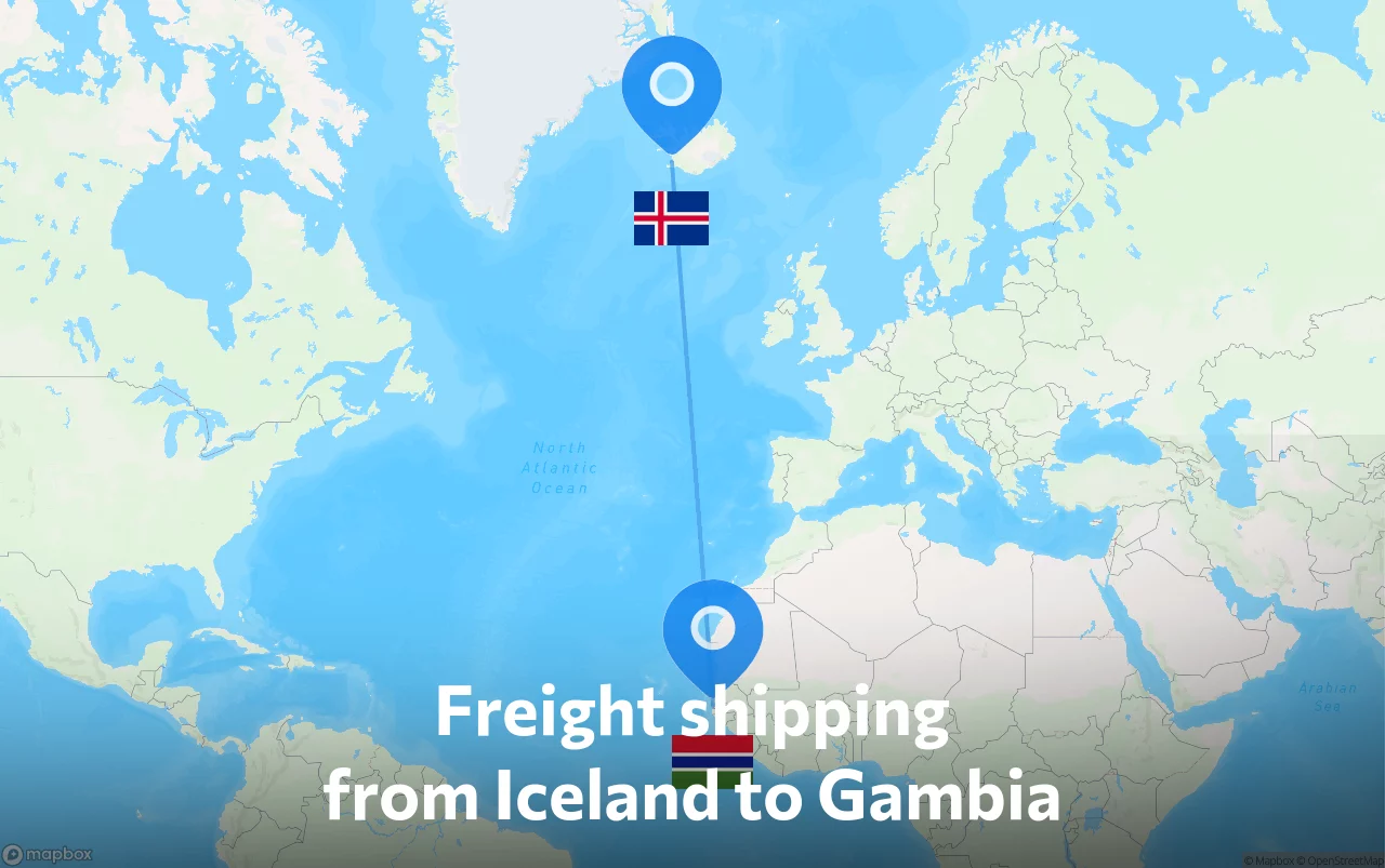Shipping route from Iceland to Gambia
