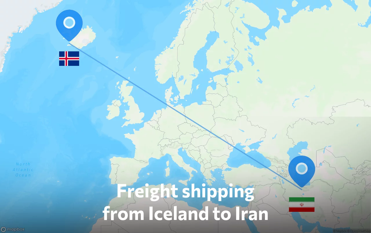 Shipping route from Iceland to Iran