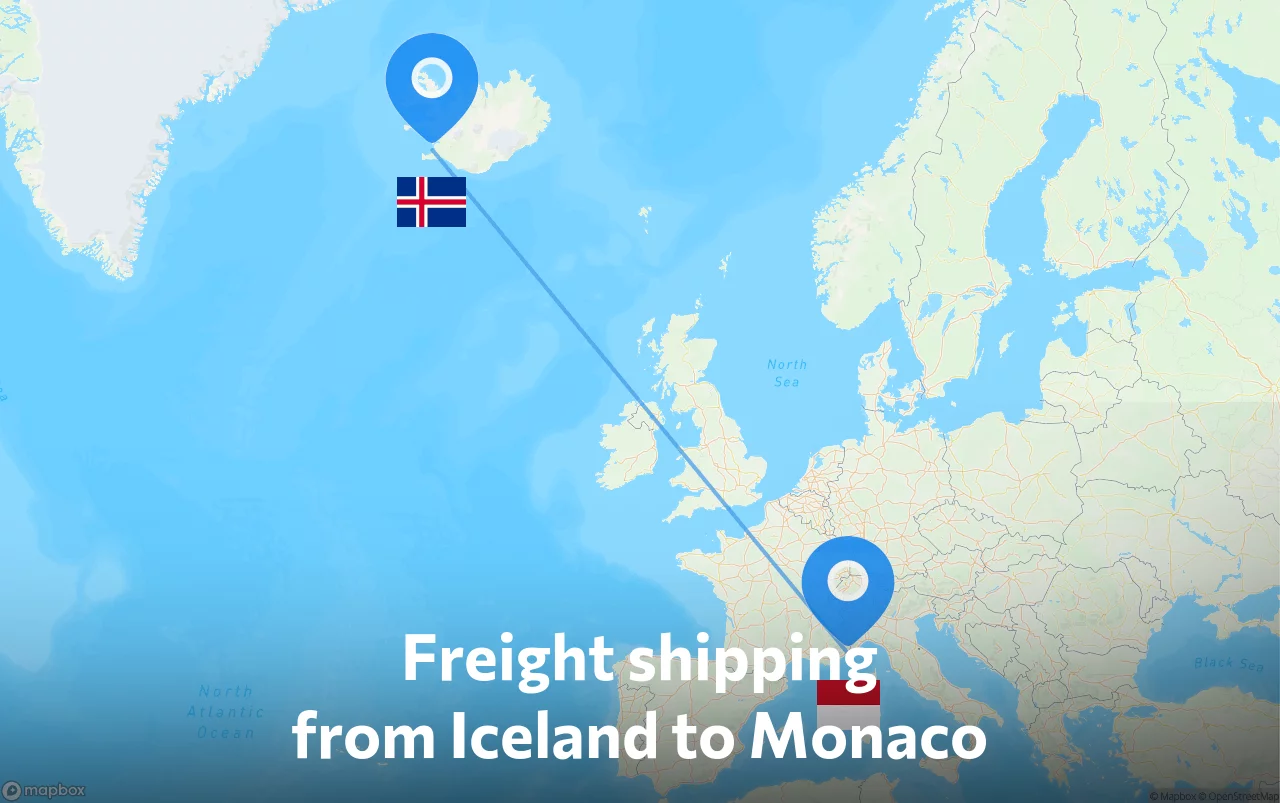 Shipping route from Iceland to Monaco