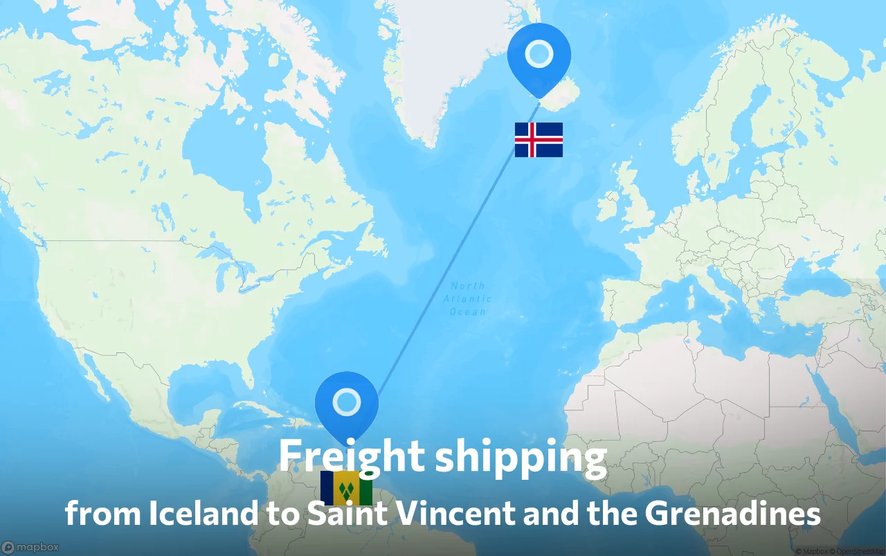 Shipping route from Iceland to Saint Vincent and the Grenadines