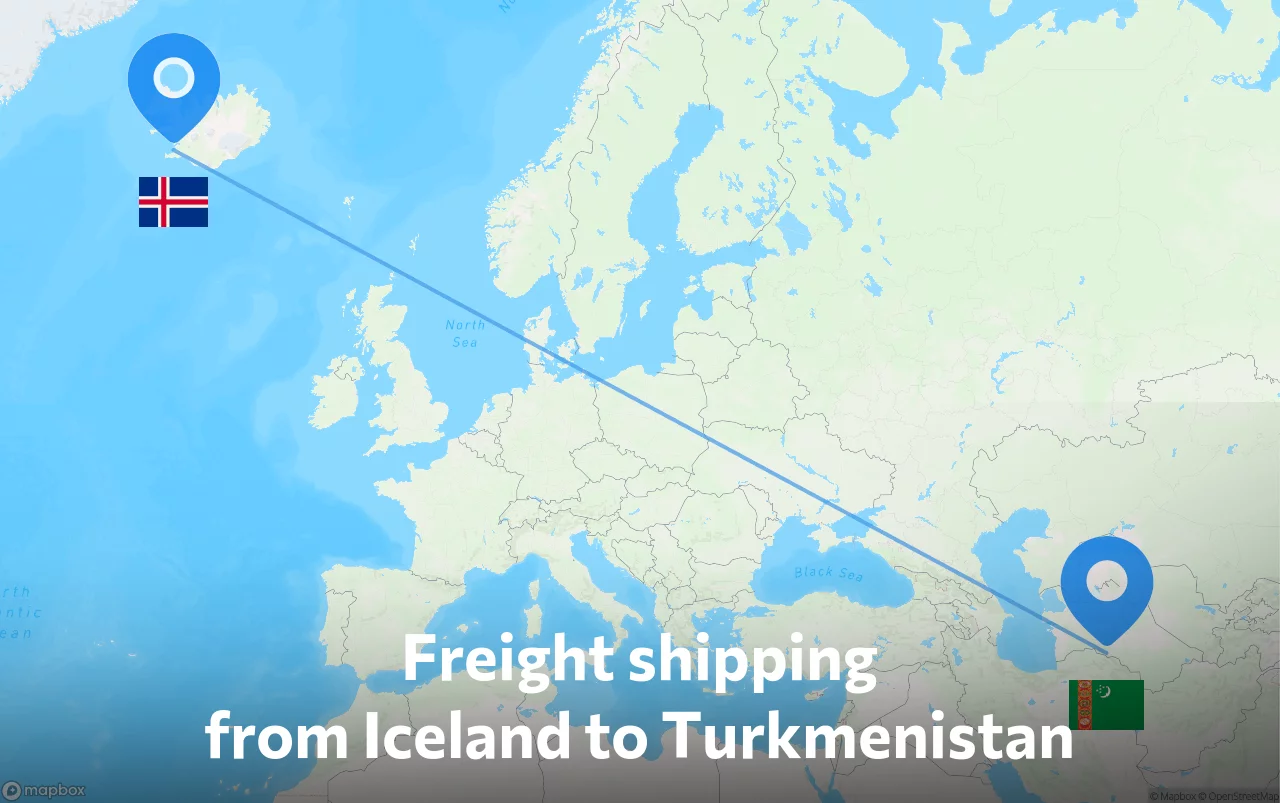 Shipping route from Iceland to Turkmenistan