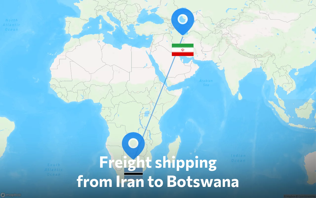Shipping route from Iran to Botswana