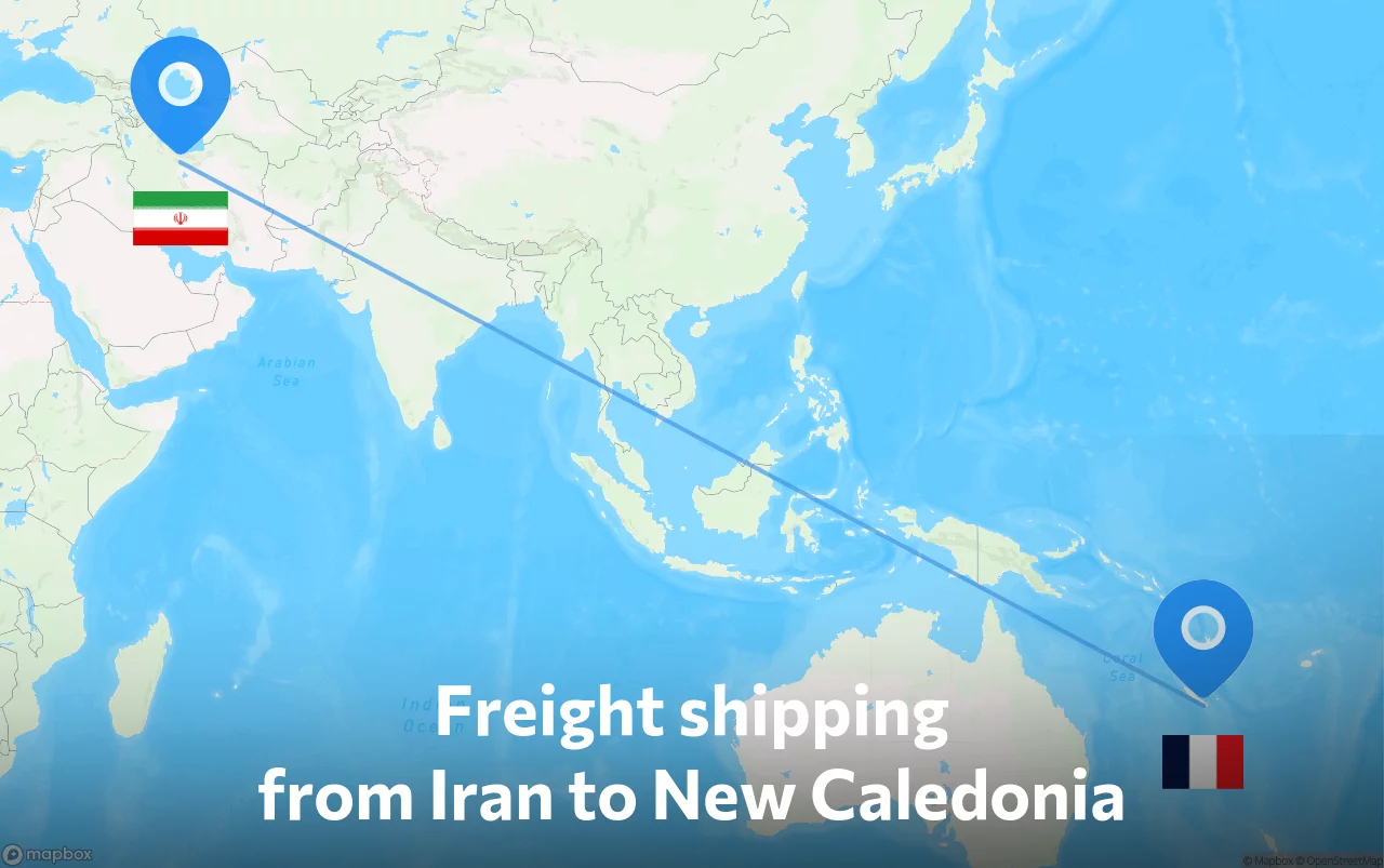 Shipping route from Iran to New Caledonia