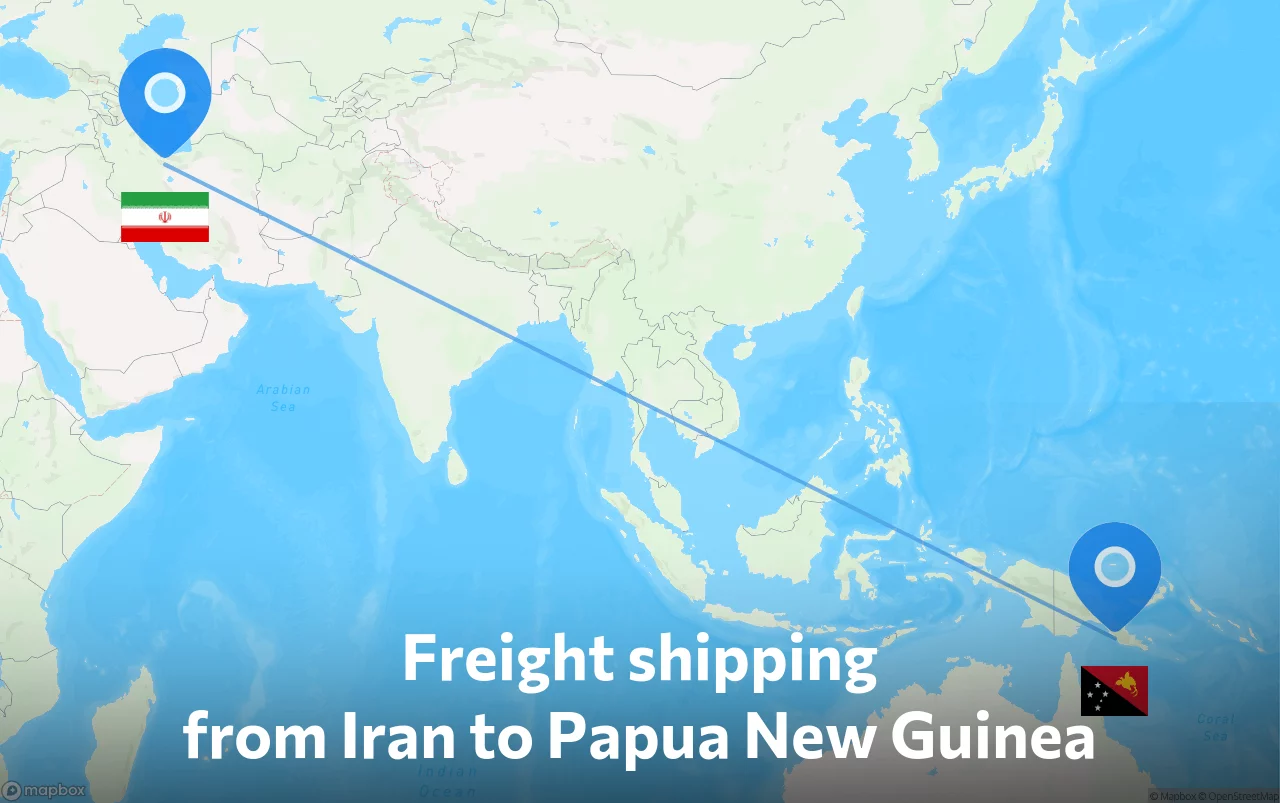Shipping route from Iran to Papua New Guinea