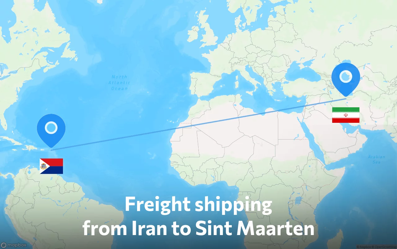 Shipping route from Iran to Sint Maarten