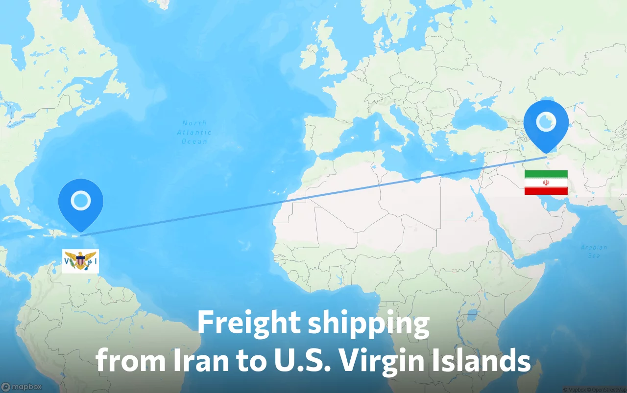 Shipping route from Iran to U.S. Virgin Islands