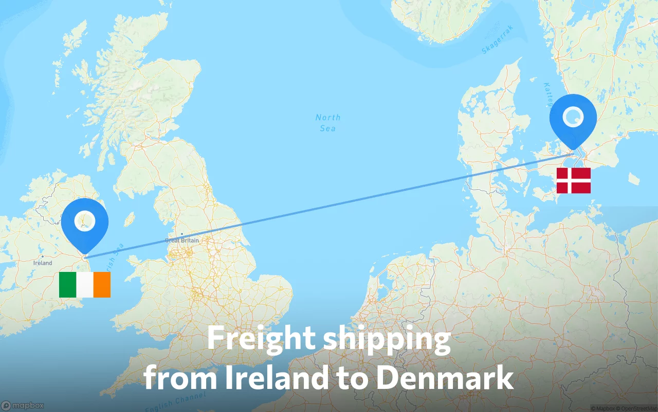 Shipping route from Ireland to Denmark
