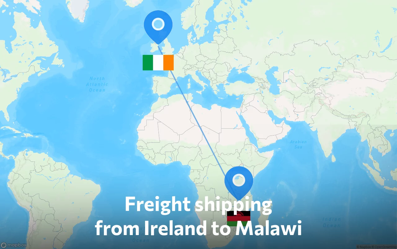 Shipping route from Ireland to Malawi
