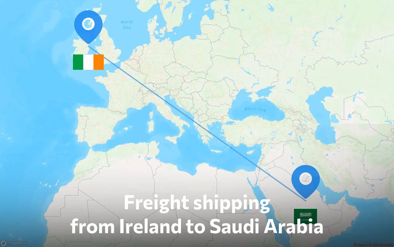 Shipping route from Ireland to Saudi Arabia