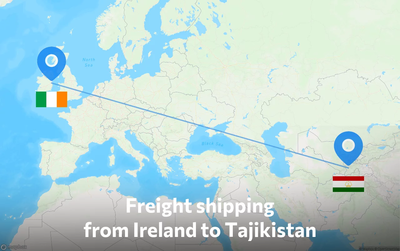 Shipping route from Ireland to Tajikistan