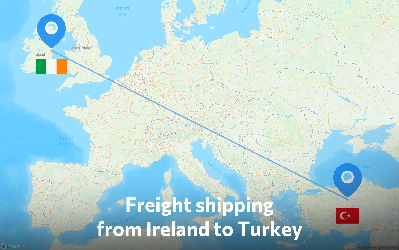 Shipping route from Ireland to Turkey