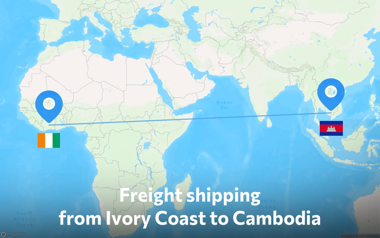 Shipping route from Ivory Coast to Cambodia