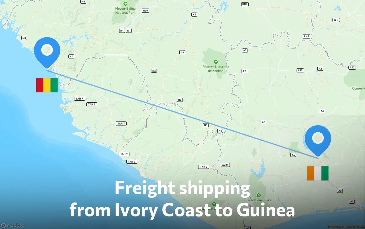 Shipping route from Ivory Coast to Guinea
